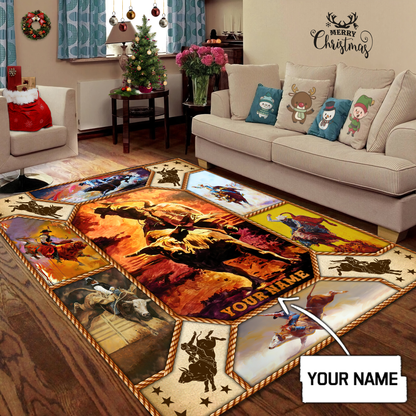 Personalized Name Bull Riding 3D Rug Rodeo Art