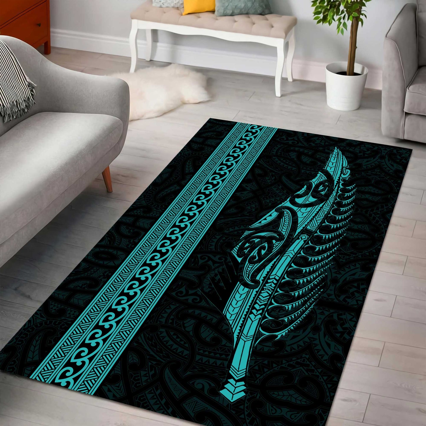 Maori Silver Fern Turquoise Aotearoa Rug AM15072104.S2