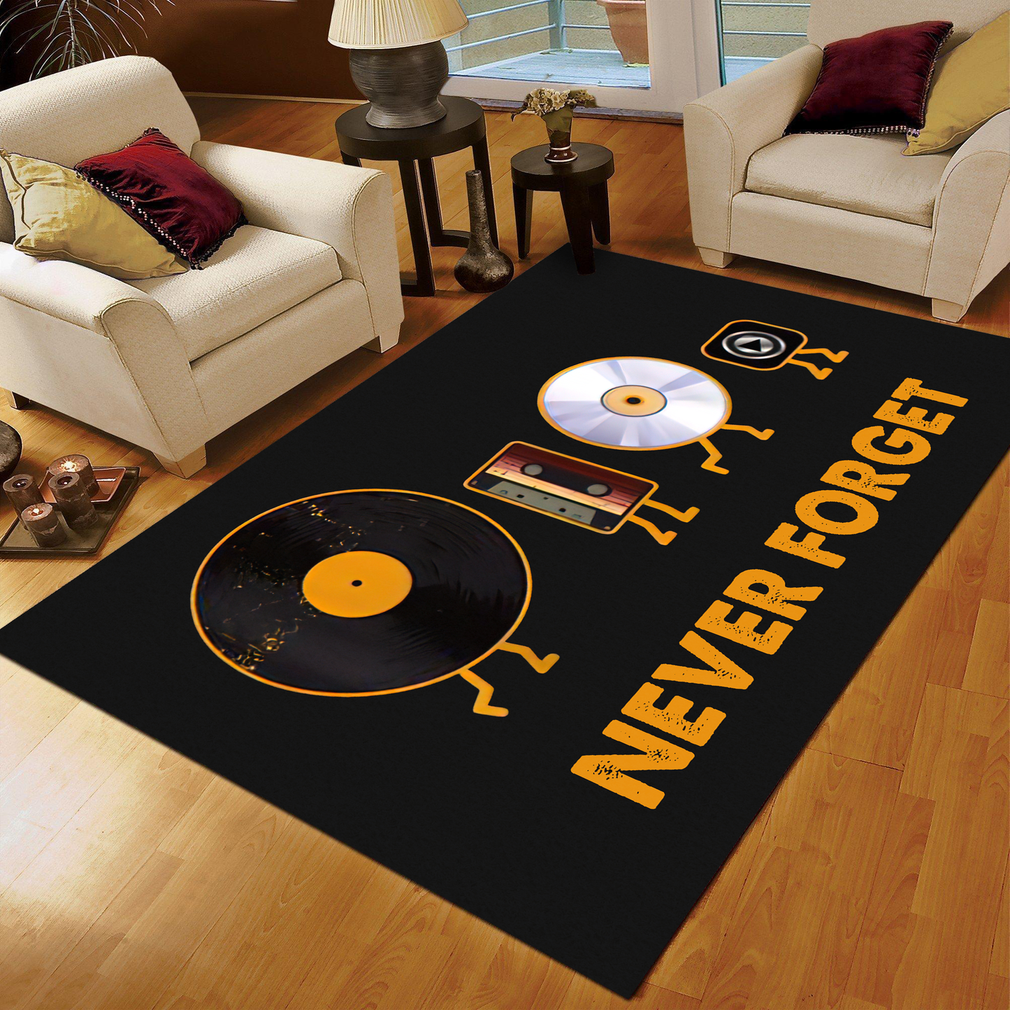 Never Forget Vinyl Record, Cassette, CD and MP3 Audio Player Rug