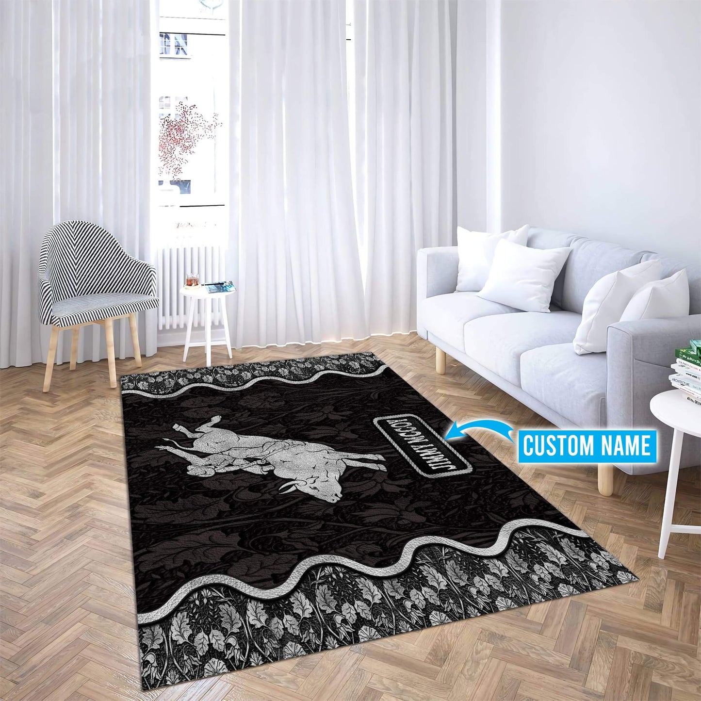 Personalized Name Bull Riding 3D Rodeo Rug Black Ver