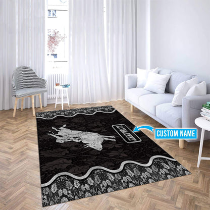 Personalized Name Bull Riding 3D Rodeo Rug Black Ver