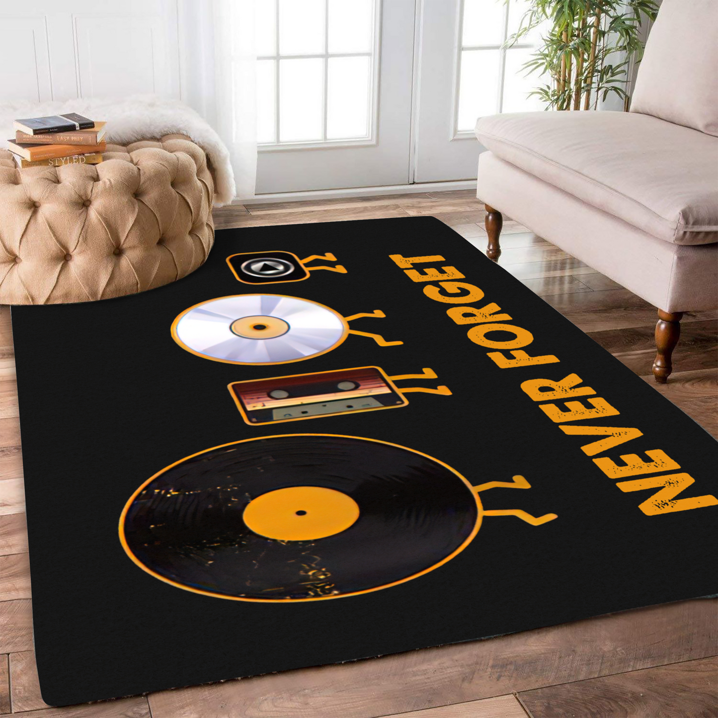 Never Forget Vinyl Record, Cassette, CD and MP3 Audio Player Rug
