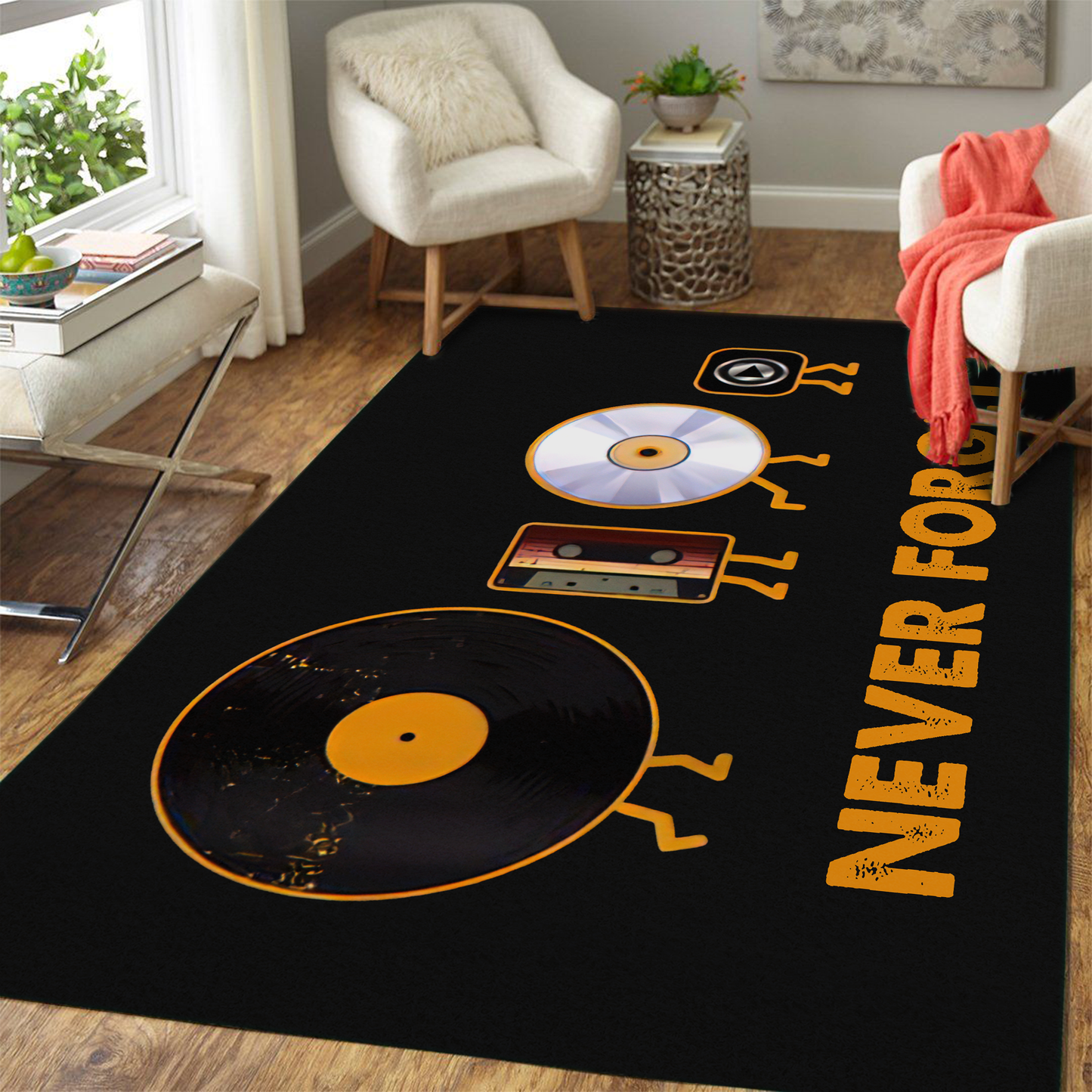 Never Forget Vinyl Record, Cassette, CD and MP3 Audio Player Rug