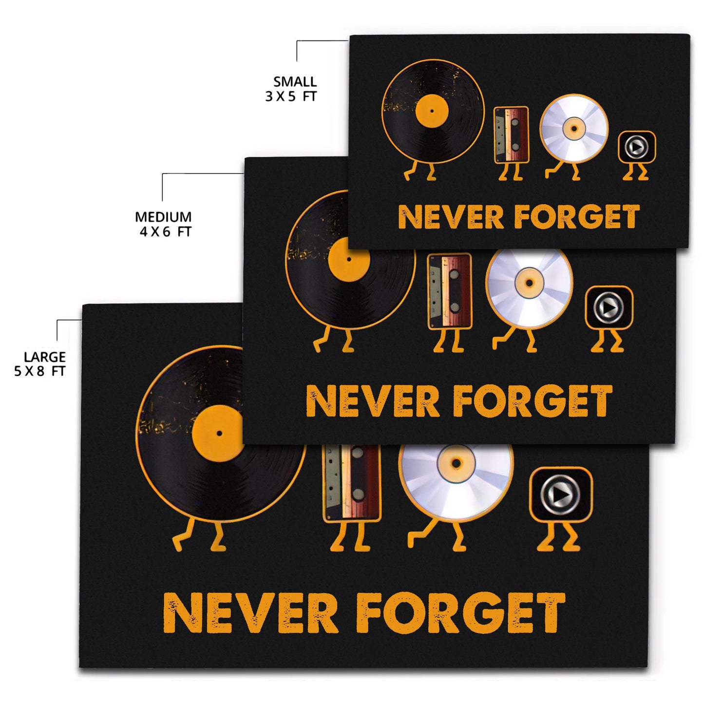 Never Forget Vinyl Record, Cassette, CD and MP3 Audio Player Rug