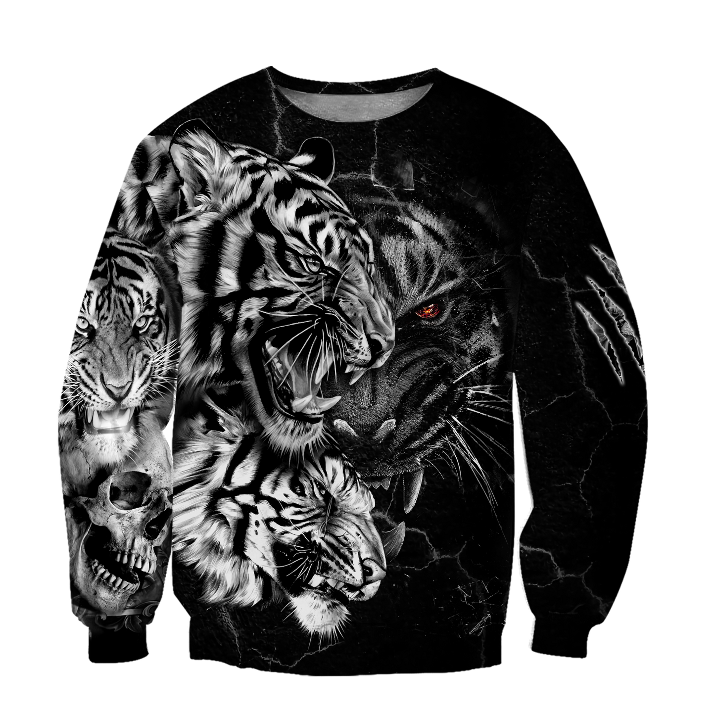 Tiger Black and White Tattoo Over Printed Hoodie for Men and Women