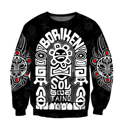 Puerto Rico White Symbol Sol Taino On Black Shirt QB06232002-Apparel-TQH-SweatShirts-S-Vibe Cosy™