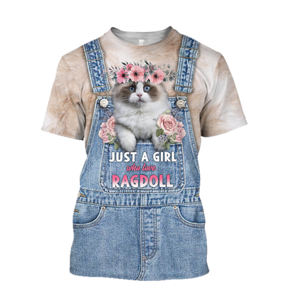 Love Cat Just a girl Ragdoll face hair 3D all over shirts for women