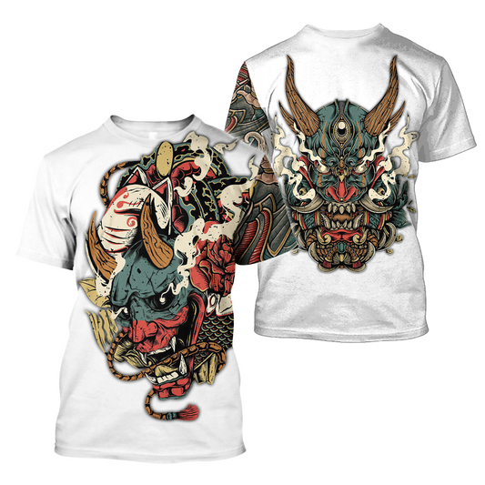 Oni Mask White Tattoo 3D All Over Printed Shirt for Men and Women