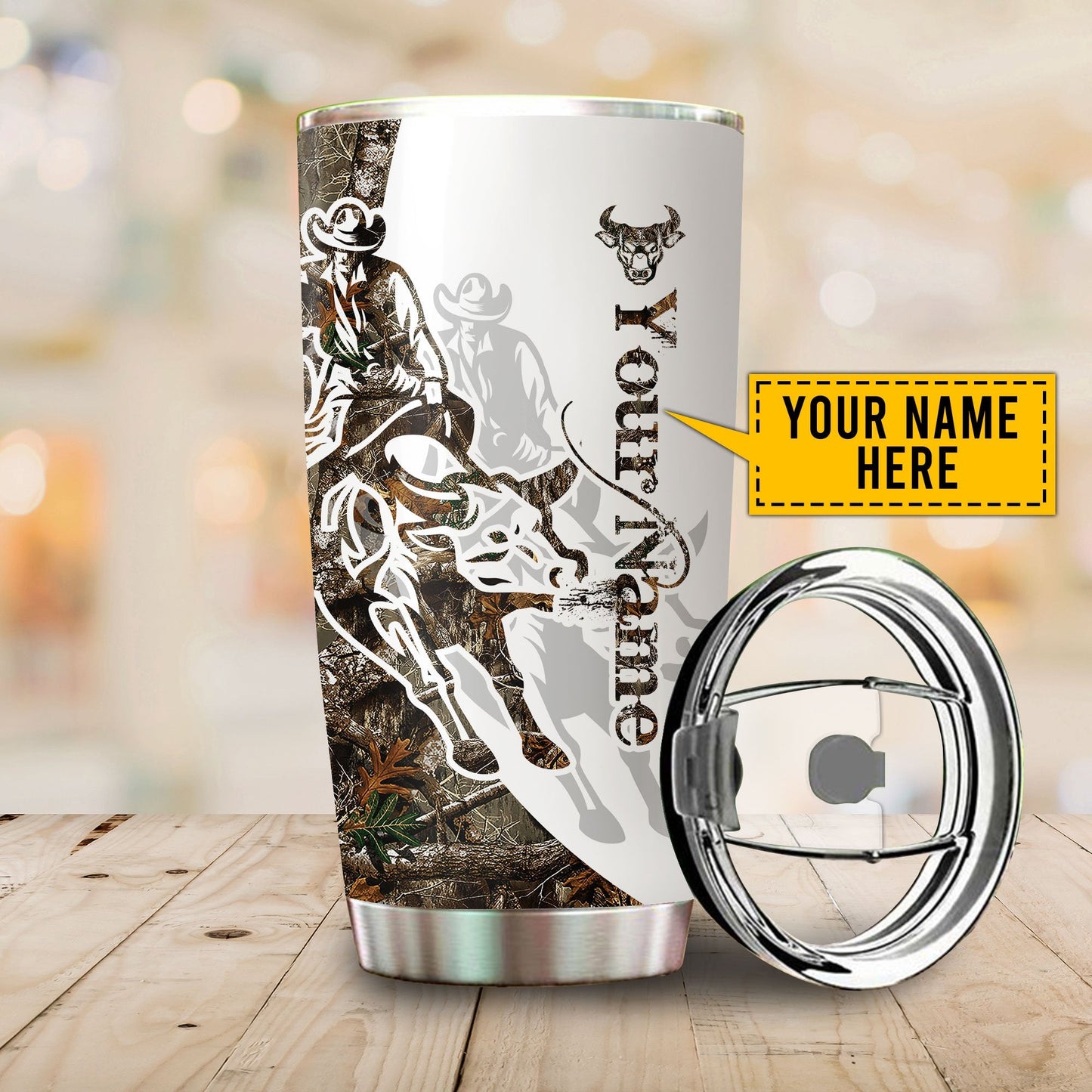 Personalized Name Bull Riding Stainless Steel Tumbler Tattoo