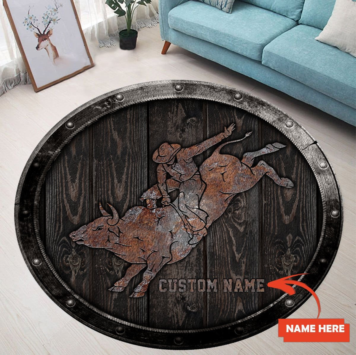 Personalized Name Bull Riding Circle Rug Wood Pattern