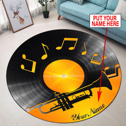 Personalized Name Vinyl Record Trumpet Musical Round Rug