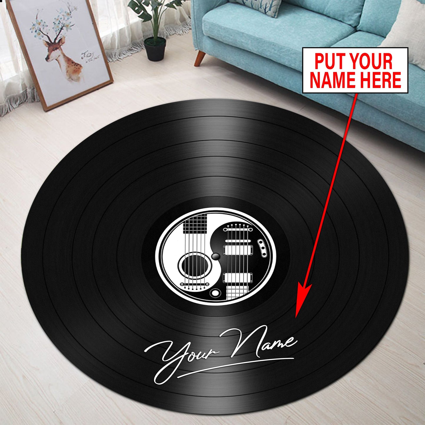 Personalized Name White and Black Yin Yang Guitars Vinyl Records Round Rug
