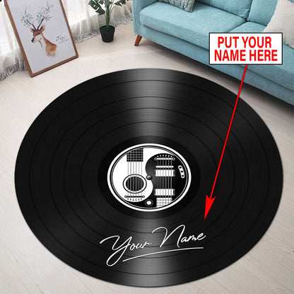 Personalized Name White and Black Yin Yang Guitars Vinyl Records Round Rug
