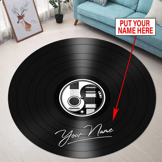 Personalized Name White and Black Yin Yang Guitars Vinyl Records Round Rug