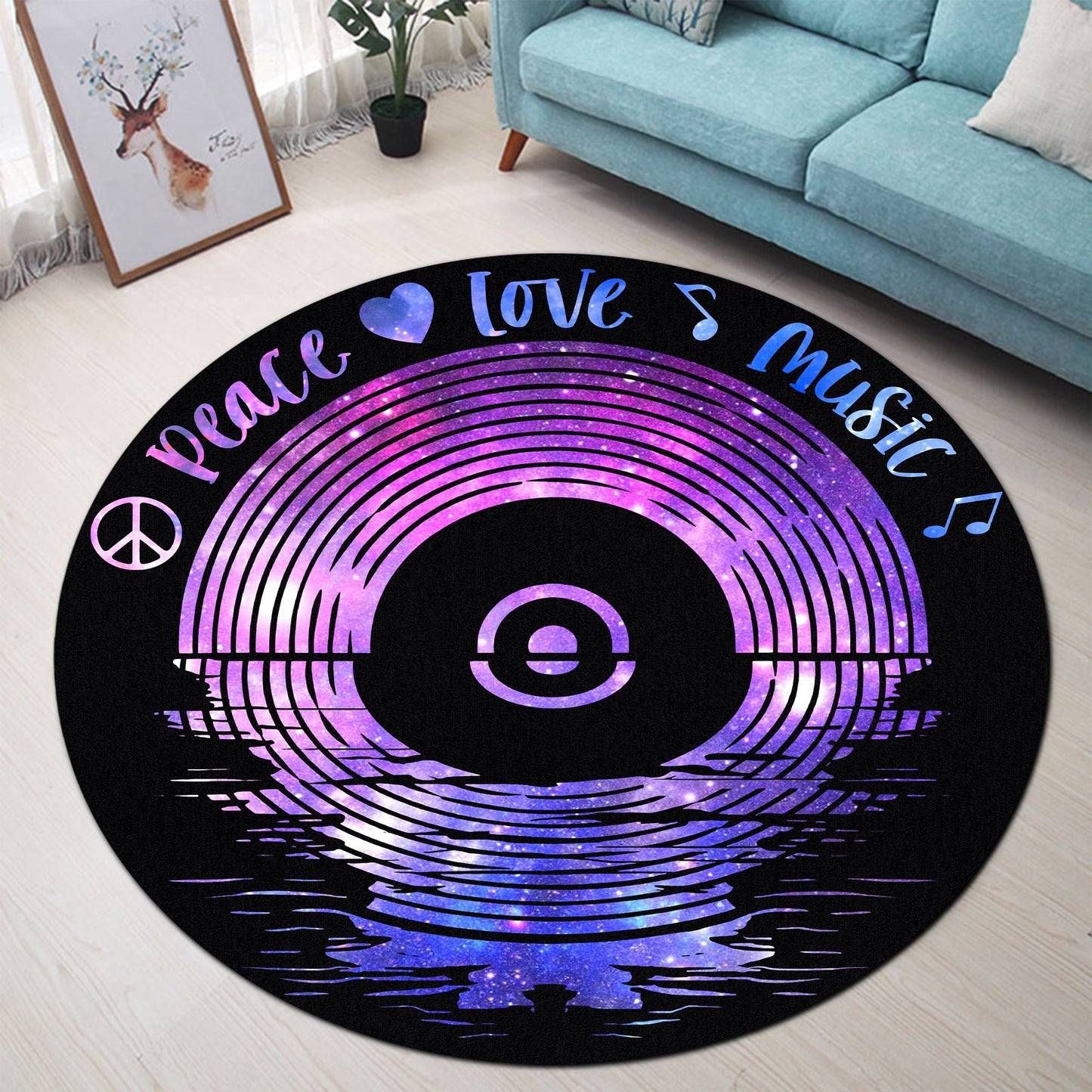 Peace Love Music on Vinyl LP Records Sunset Round Rug