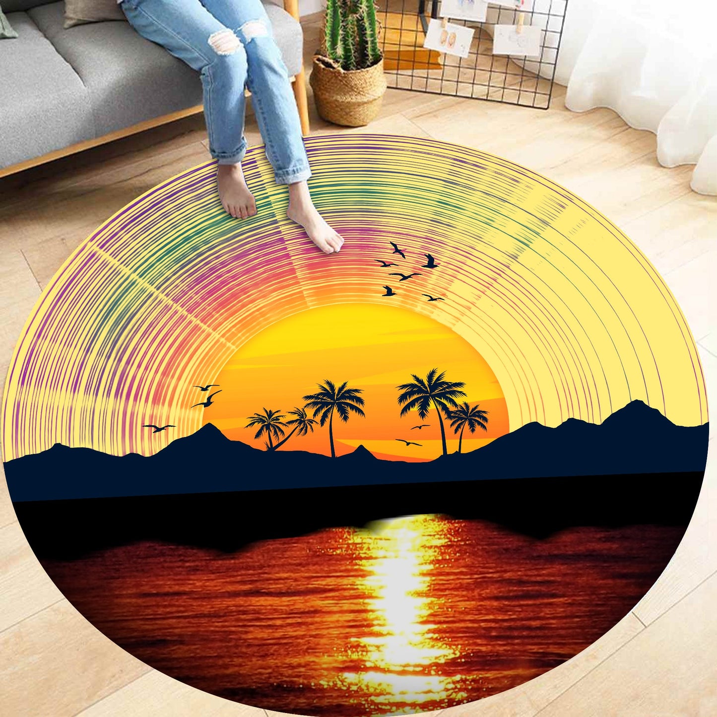 Vinyl Record Sunset Round Rug