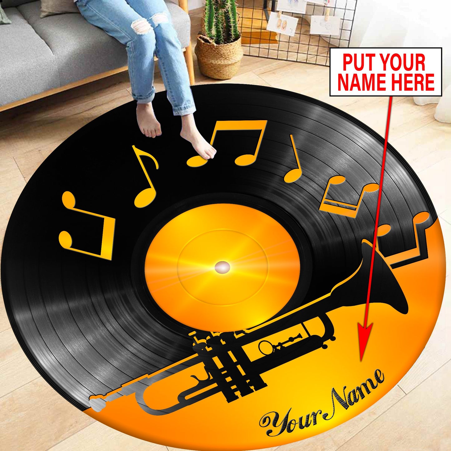 Personalized Name Vinyl Record Trumpet Musical Round Rug