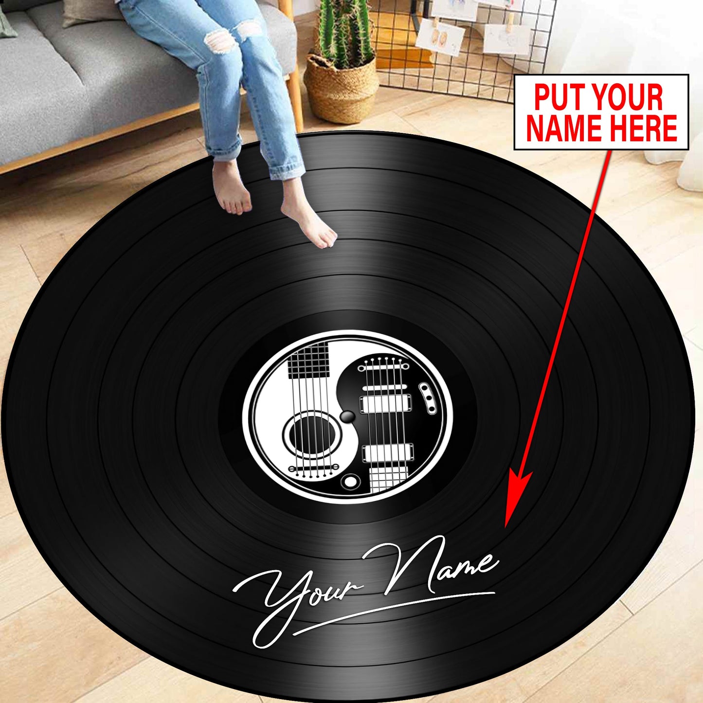 Personalized Name White and Black Yin Yang Guitars Vinyl Records Round Rug
