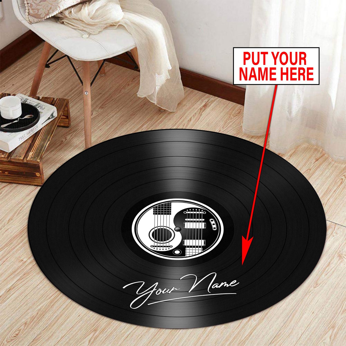 Personalized Name White and Black Yin Yang Guitars Vinyl Records Round Rug