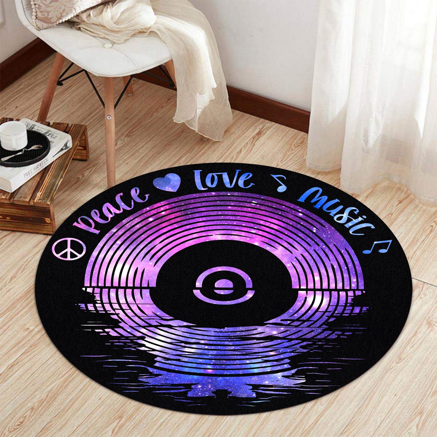Peace Love Music on Vinyl LP Records Sunset Round Rug