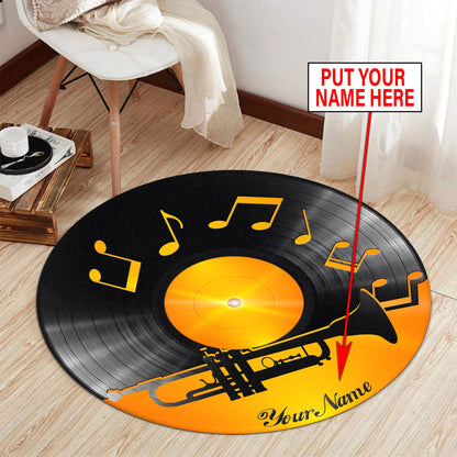 Personalized Name Vinyl Record Trumpet Musical Round Rug