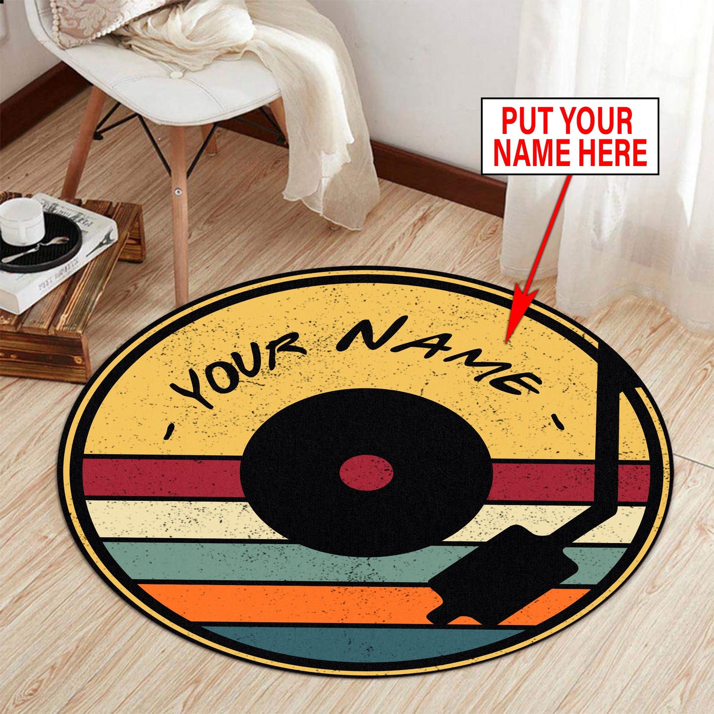Personalized Name Retro Vinyl Records Round Rug