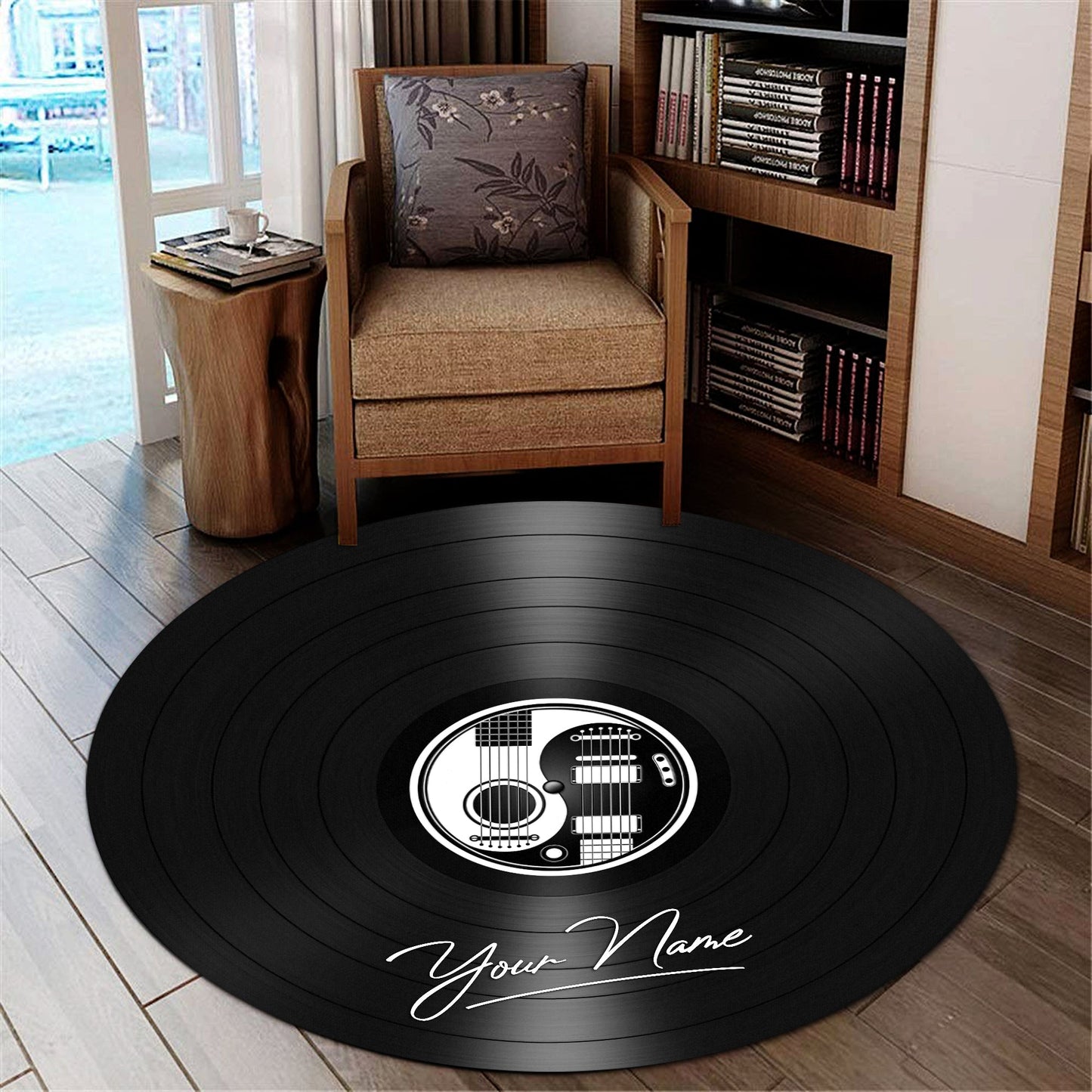 Personalized Name White and Black Yin Yang Guitars Vinyl Records Round Rug