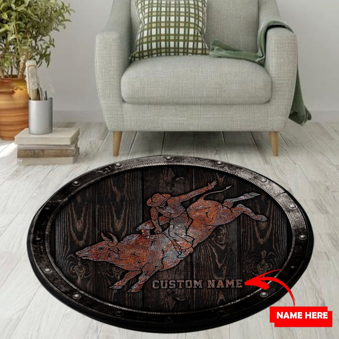 Personalized Name Bull Riding Circle Rug Wood Pattern