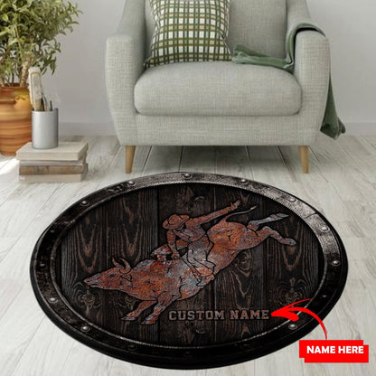 Personalized Name Bull Riding Circle Rug Wood Pattern