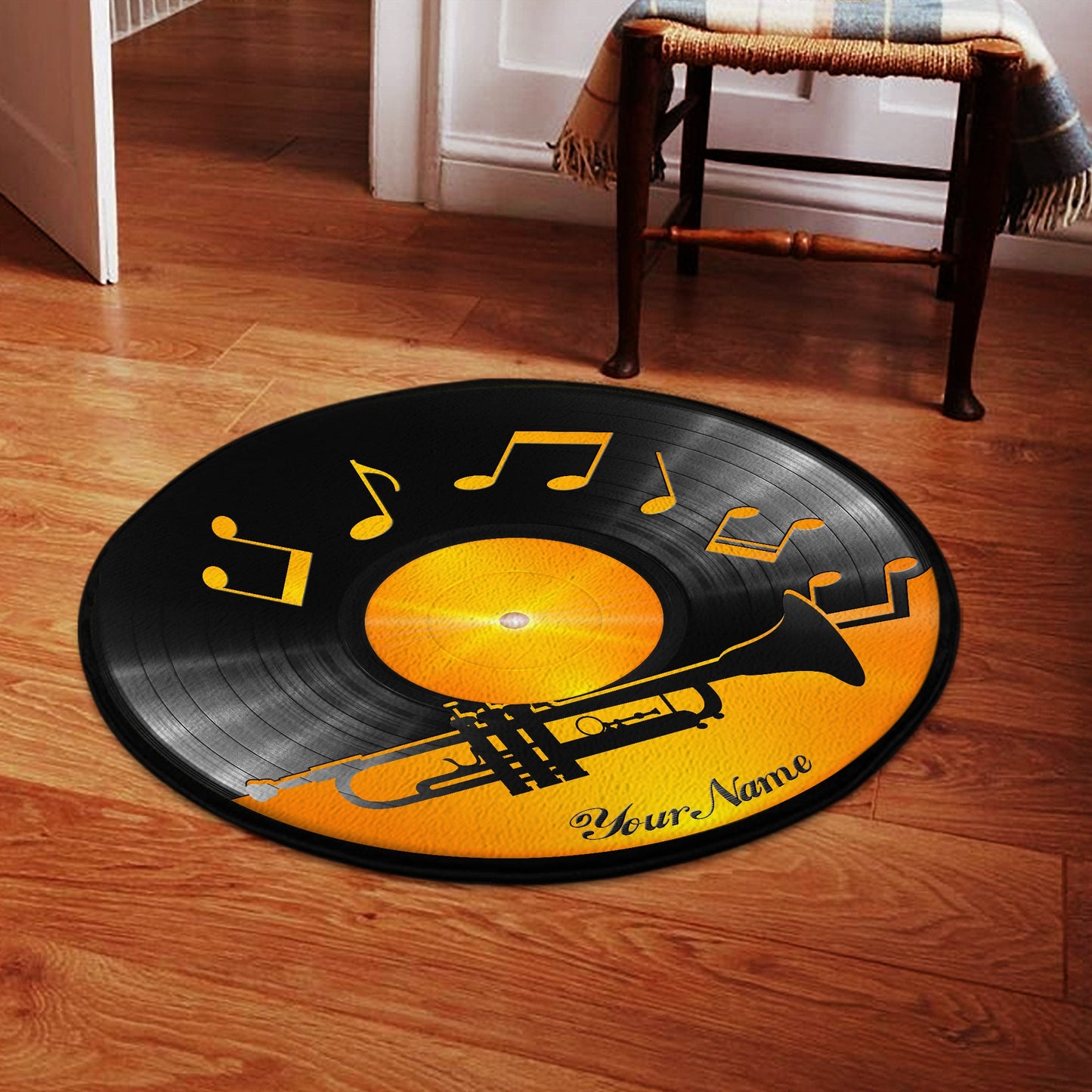 Personalized Name Vinyl Record Trumpet Musical Round Rug