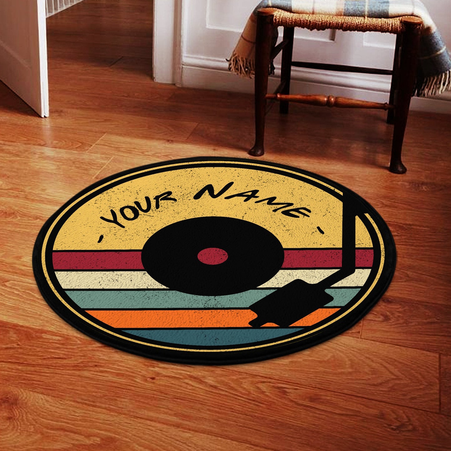 Personalized Name Retro Vinyl Records Round Rug