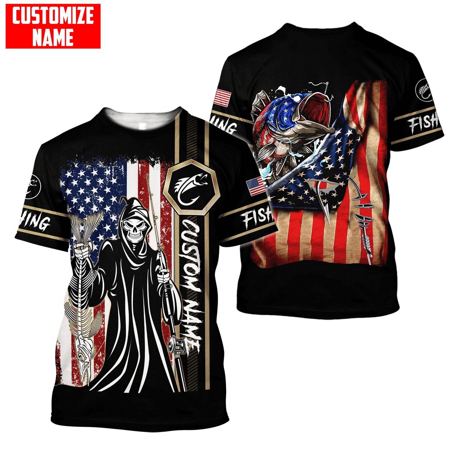 Fishing Skull Reaper American Flag Custom name fishing shirt for men and women