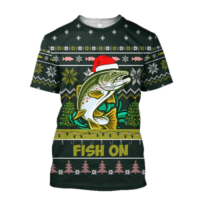 Trout Fishing Fish on Christmas Hat 3D Shirts