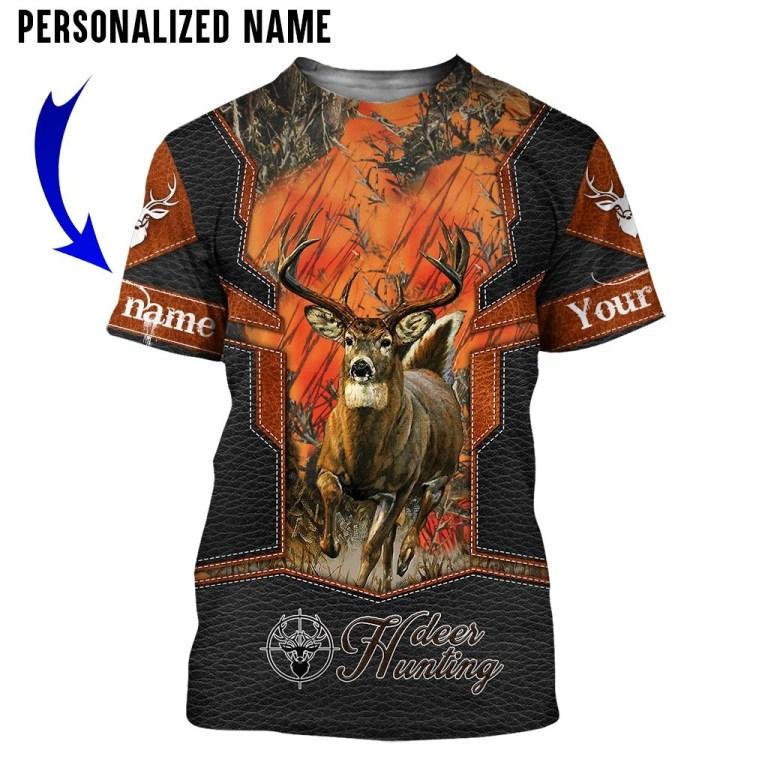 Personalized Name Deer Hunting 3D All Over Printed Unisex Shirts Leather Texture