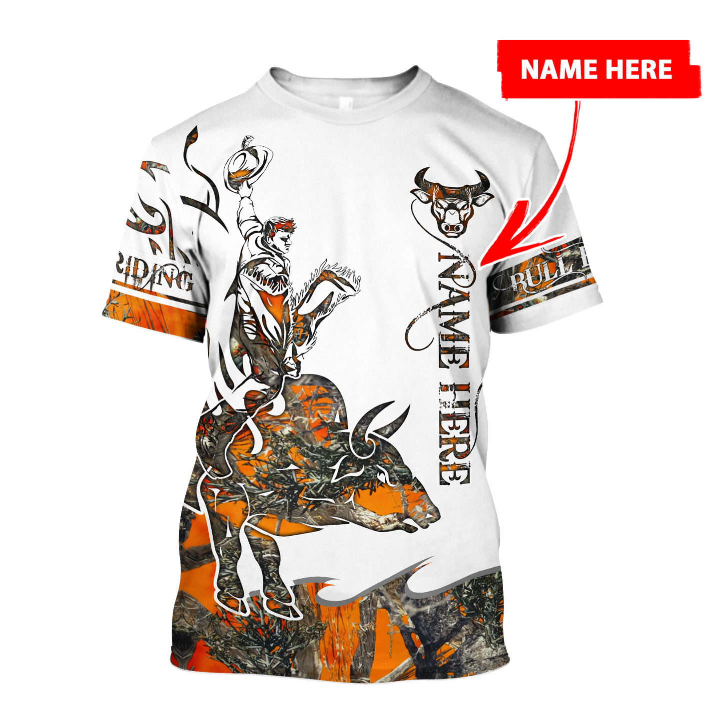 Personalized Name Bull Riding 3D All Over Printed Unisex Shirts Orange Tattoo