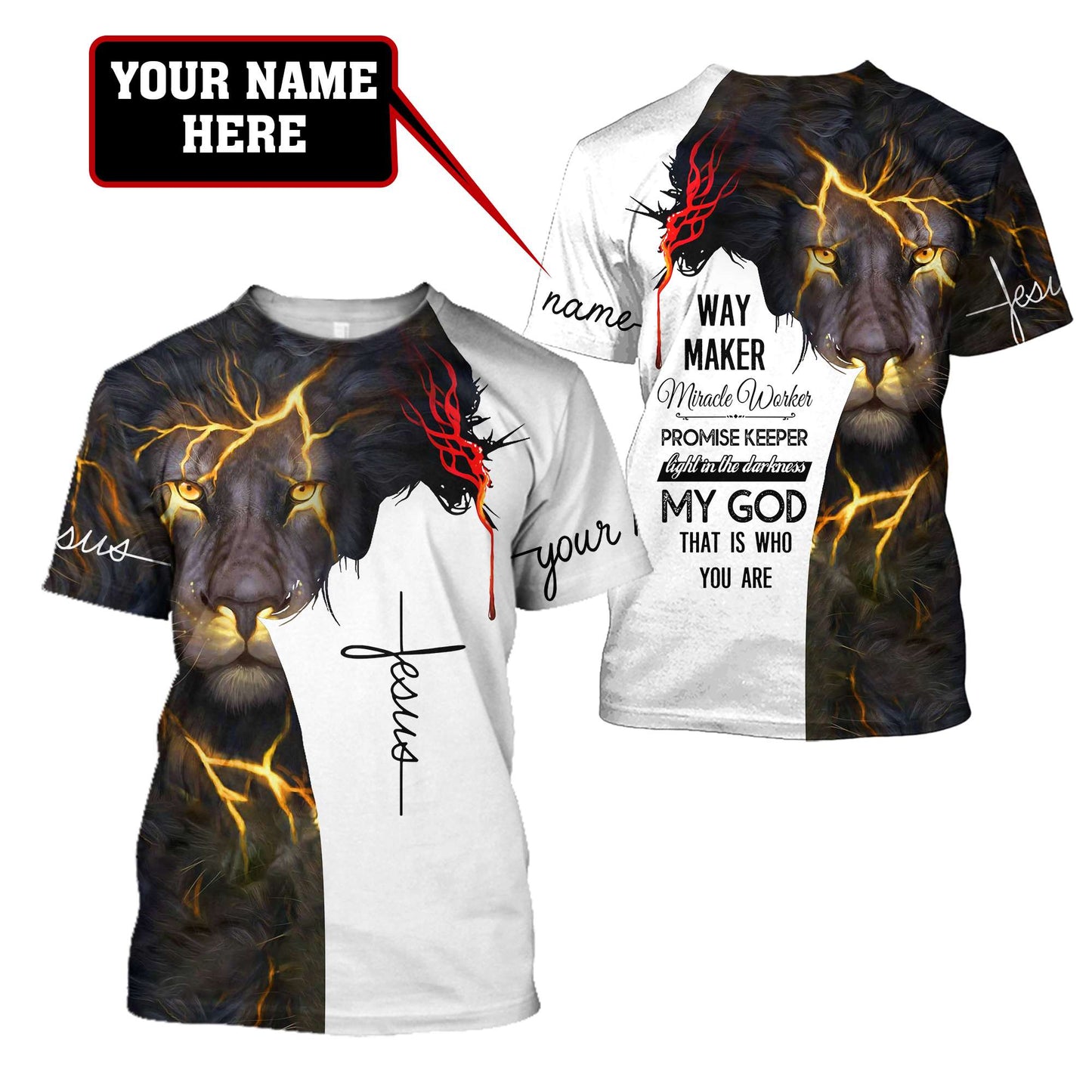 Jesus Christ Lion Way Maker Miracle Worker Personalized Name 3D Printed Hoodie, T-Shirt for Men and Women