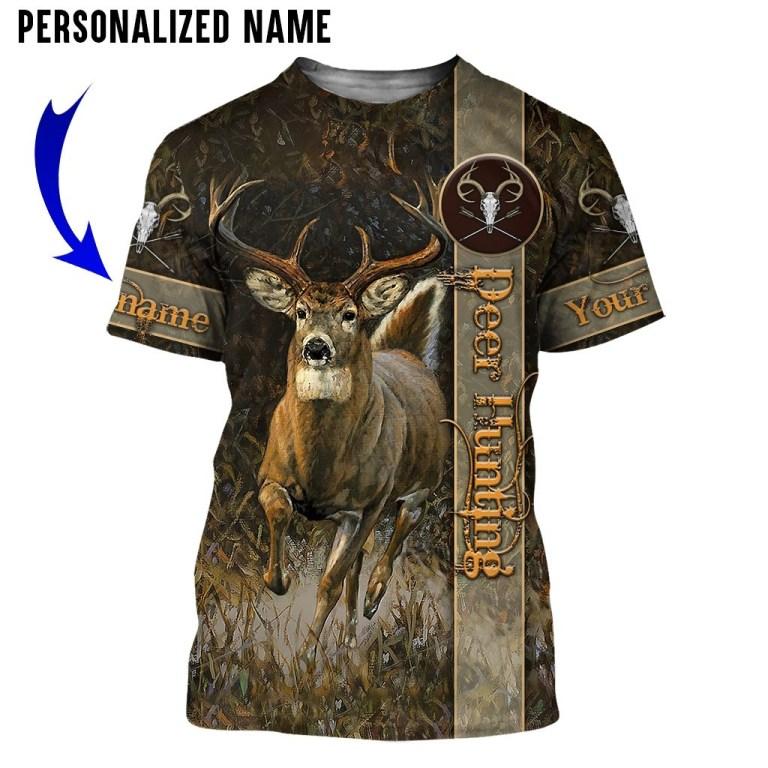 Personalized Name Deer Hunting 3D All Over Printed Unisex Shirts Brown Camo