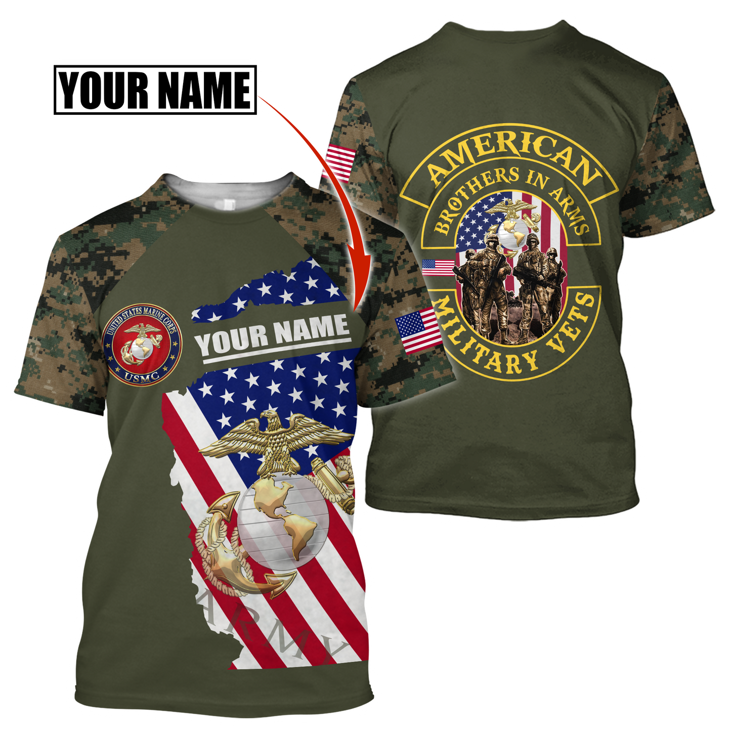 Custom name US Marine Corps Veteran Brothers in arms 3D print shirts Proud Military