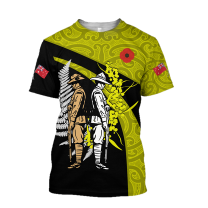 Tmarc Tee Anzac day the ode fern-wattle Australia and Kiwi yellow 3D print shirt