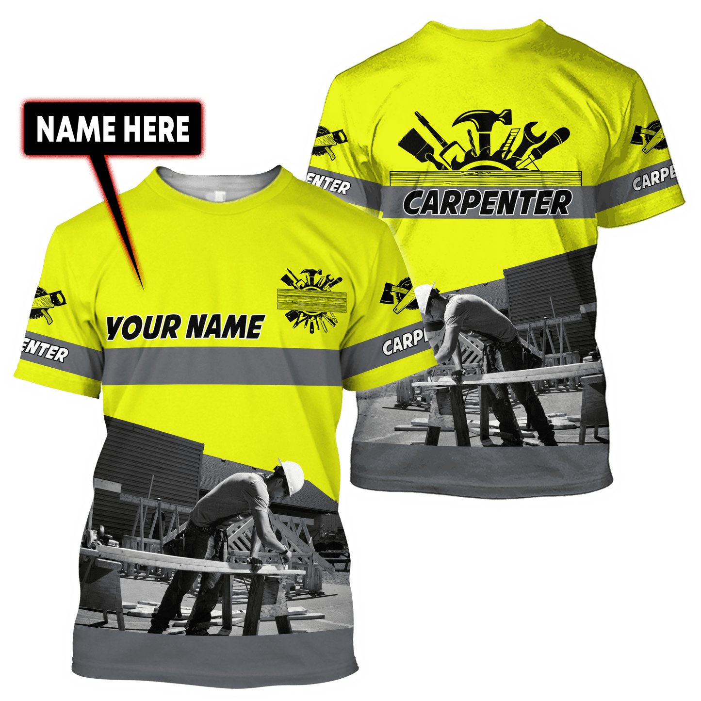 Personalized Name Carpenter 3D All Over Printed Unisex Shirts Yellow