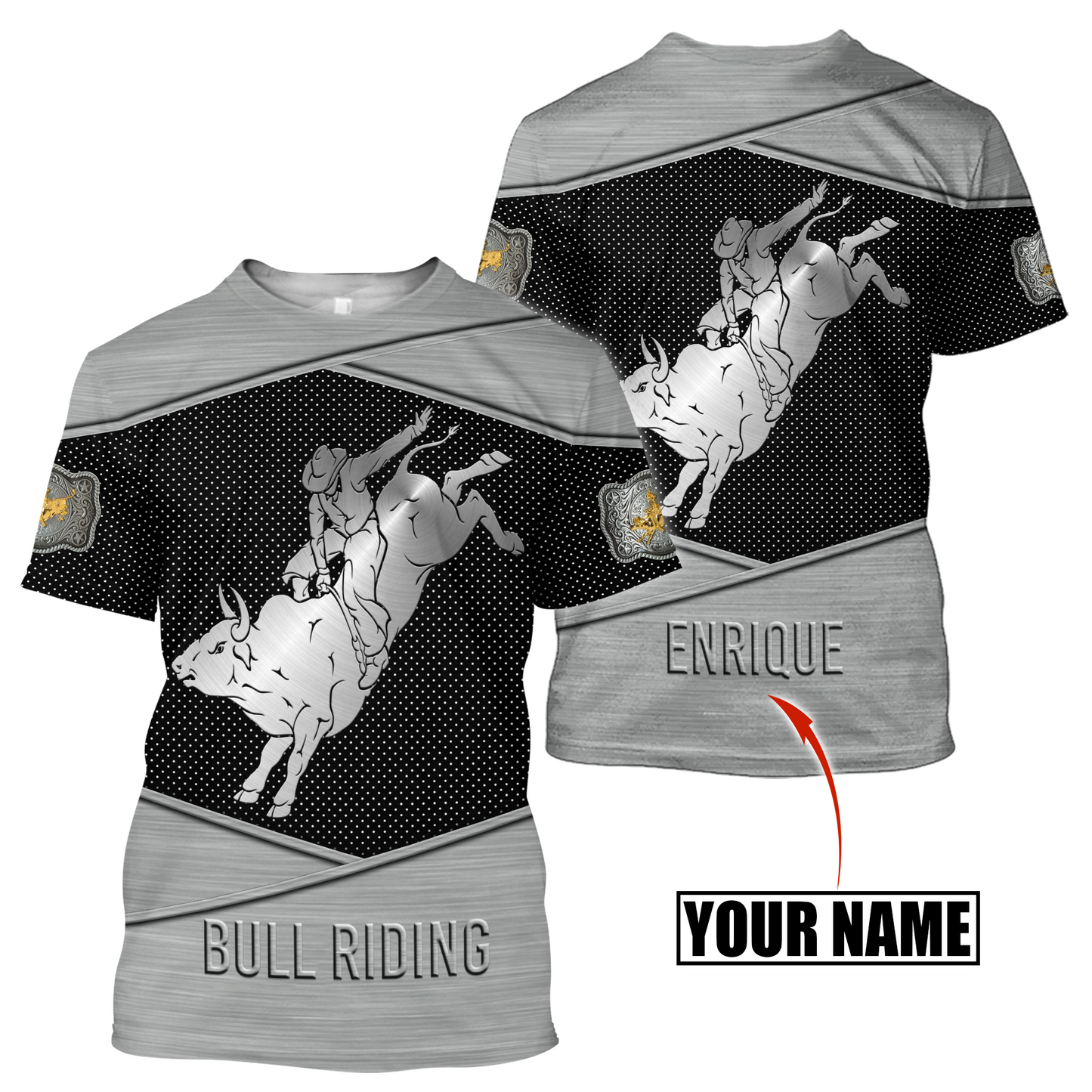 Personalized Name Bull Riding 3D All Over Printed Unisex Shirts Metal Pattern