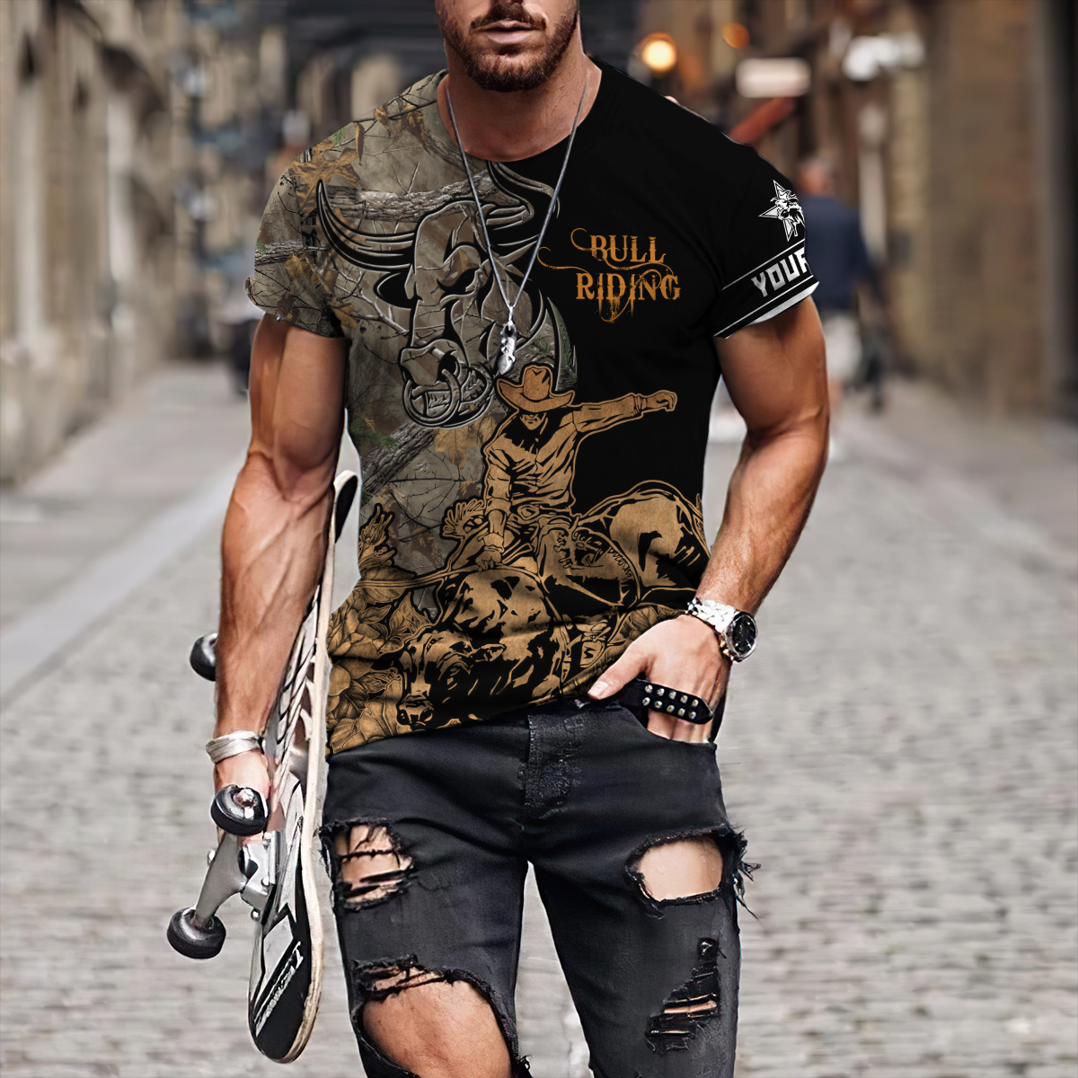 Personalized Name Bull Riding 3D All Over Printed Unisex Shirts Camo