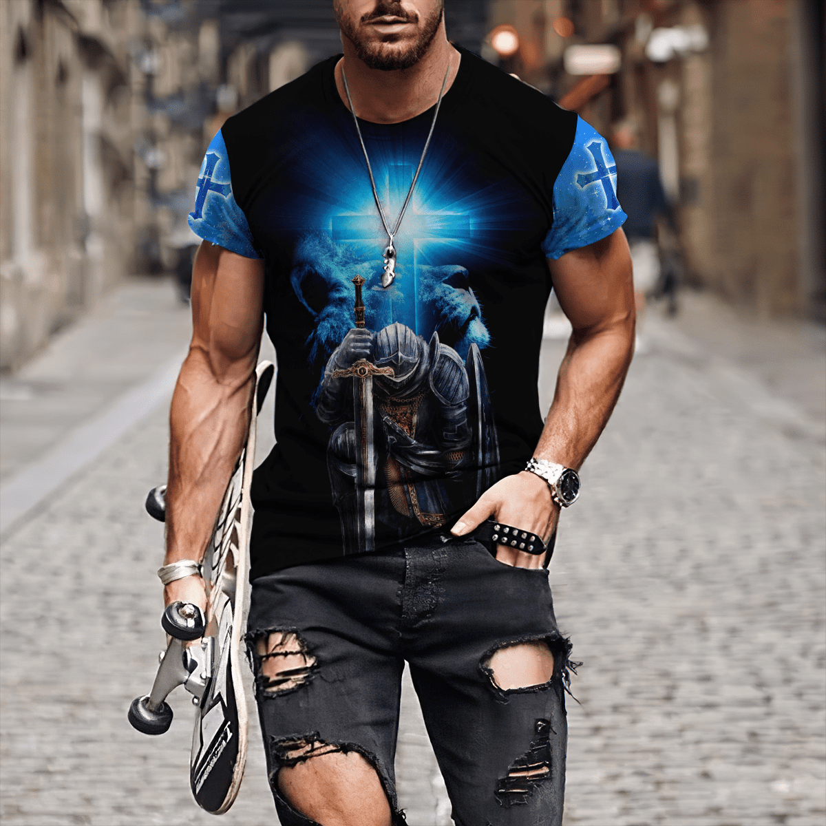 Jesus Christ Lion Blue Cross Child of God Man of Faith Warrior of Christ 3D Printed Hoodie, T-Shirt for Men and Women