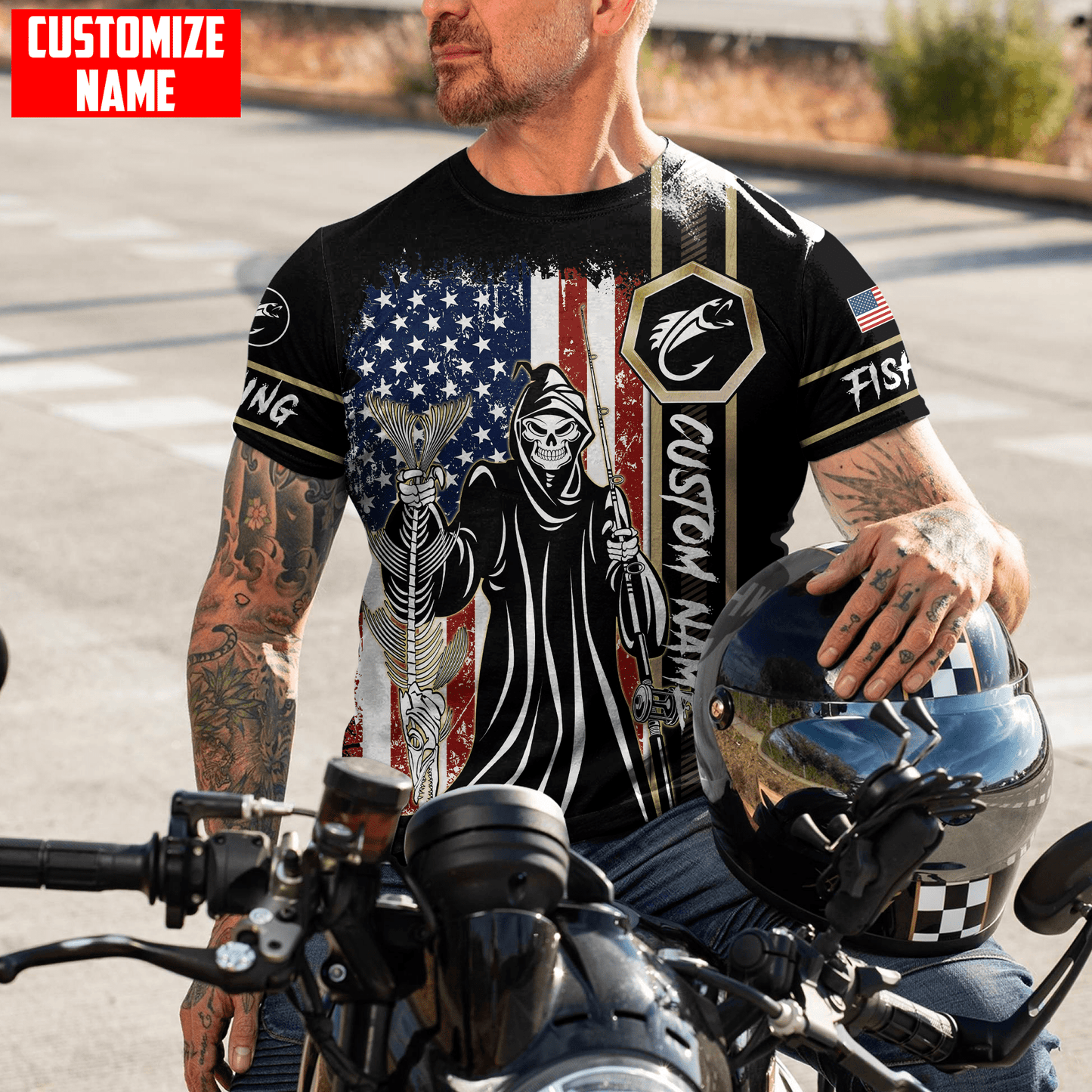 Fishing Skull Reaper American Flag Custom name fishing shirt for men and women