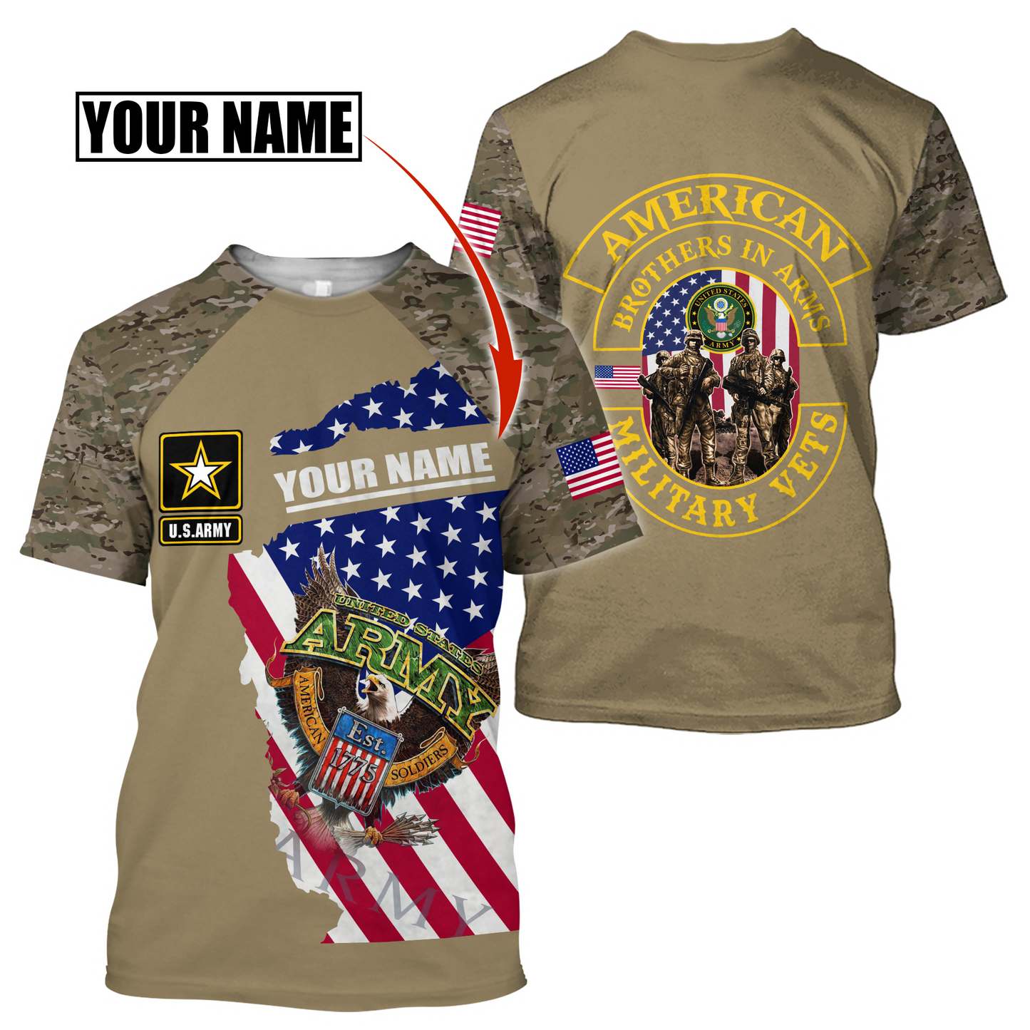 Custom name US Army Veteran Brothers in arms 3D print shirts Proud Military