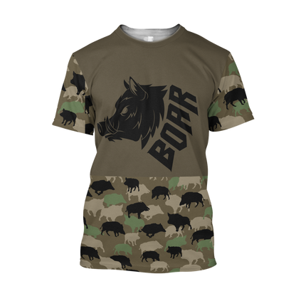 Boar Hunting Dark Green Camo 3D All Over Printed Shirt