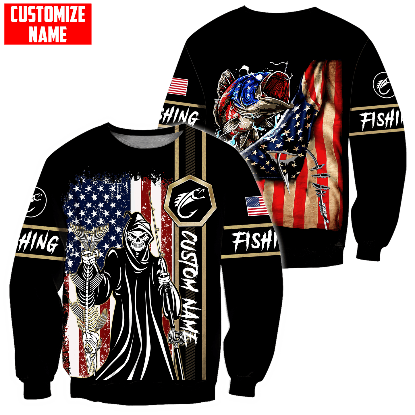 Fishing Skull Reaper American Flag Custom name fishing shirt for men and women
