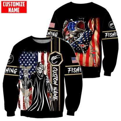 Fishing Skull Reaper American Flag Custom name fishing shirt for men and women