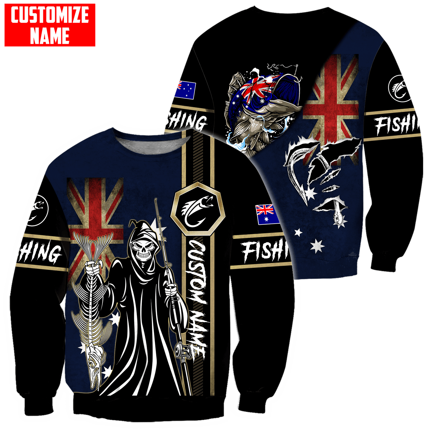Fishing Skull Reaper Australian Flag Custom name fishing shirt for men and women