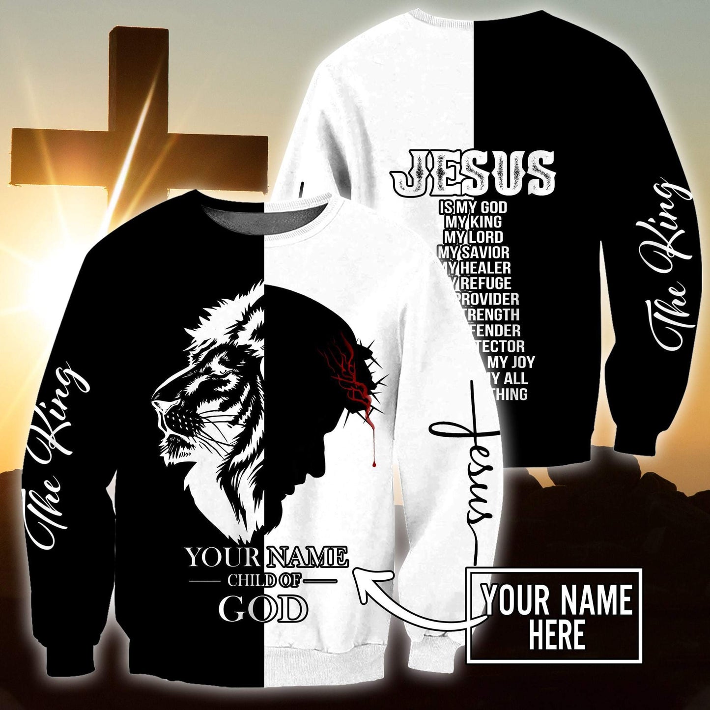 Jesus Christ Cross Lion god Bless Personalized Name 3D Printed Hoodie, T-Shirt for Men and Women